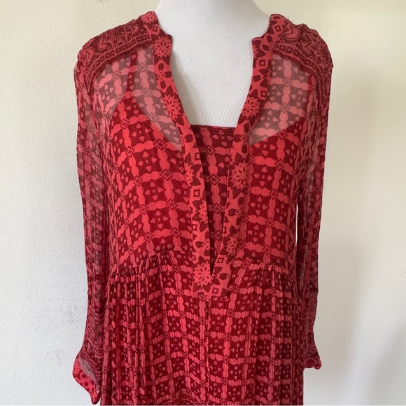 Maeve Anthropologie Canna Swing Dress Aztec Red Sheer Orange Red Size 8 - Picture 8 of 15